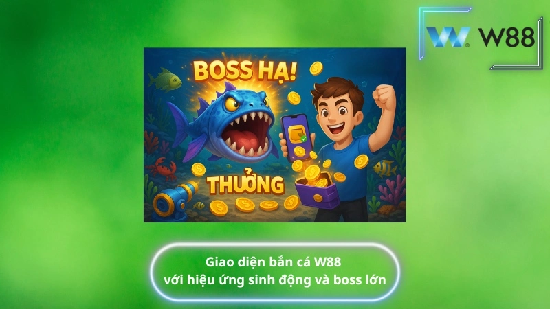 Giao diện bắn cá W88 với hiệu ứng sinh động và boss lớn